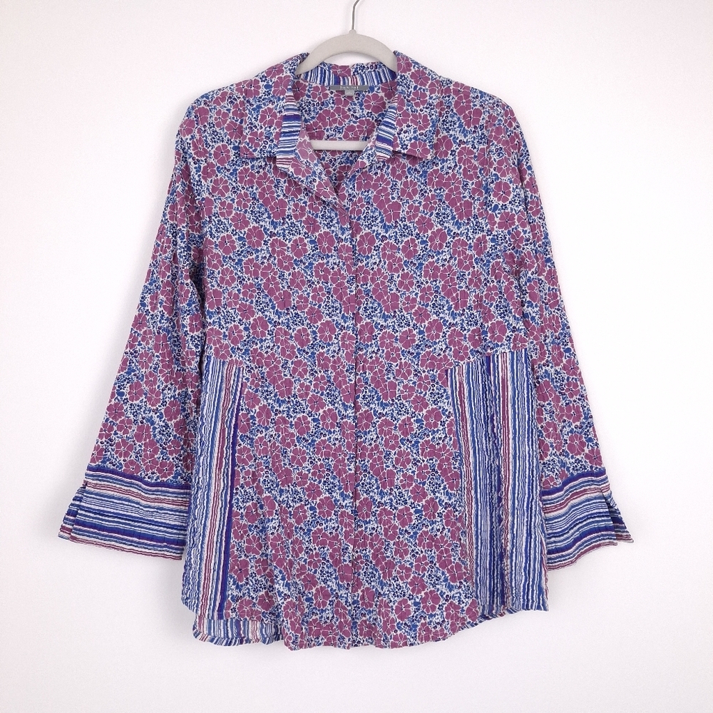 Habitat seersucker floral striped button up top mixed print garden resort wear